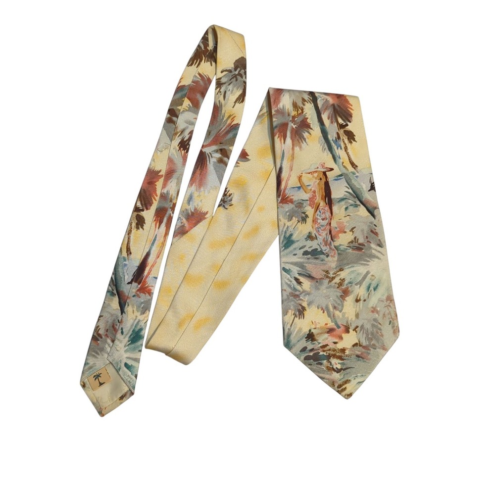 Tommy Bahama Mens Dress Tie Size 57" Yellow Hawaiian Lady Business Wedding - Picture 2 of 6
